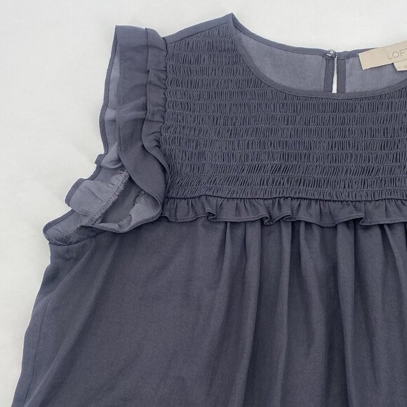 LOFT  Size M Gray Satin Sleeveless Smocked Ruffled Front Blouse - Picture 10 of 11